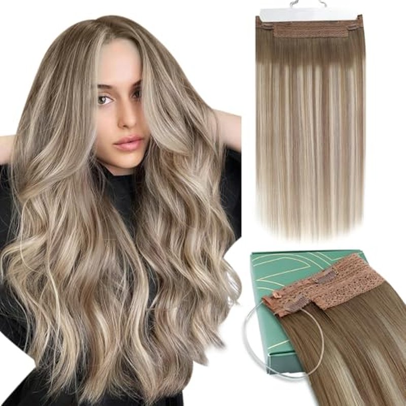 Ugeat Wire Hair Extensions Brown Balayage Hair Extensions Real Human Hair Light Brown Balayage Platinum Blonde Balayage Invisible Wire Extensions with Fish Line 80g 18 Inch