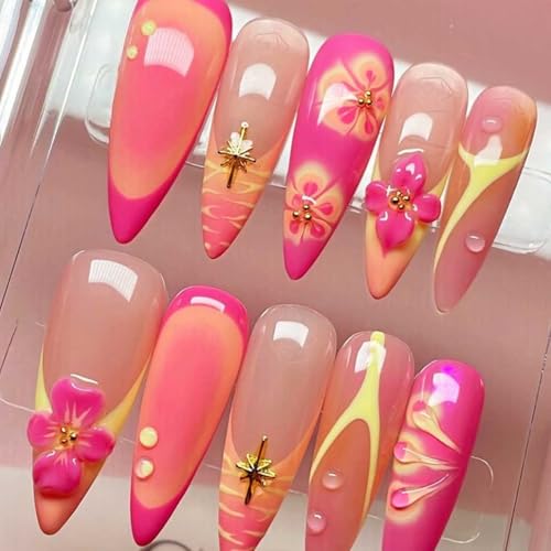 Long Press on Nails Almond Fake Nails White French Tip False Nails with 3D Flower Design Glue on Nails Acrylic Nails Glossy Full Cover Stick on Nails for Women 24Pcs