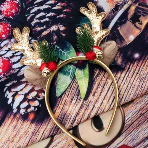 TULOBI Christmas Headbands Glitter Christmas Elk Antlers Headband Cute Xmas Hair Bands Holiday Headbands Party Gift Christmas Costume Party Accessories for Women and Girls (Gold)