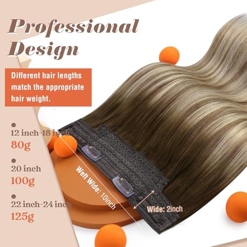 Sunny Hair Wire Hair Extensions Real Human Hair Fish Line Human Hair Extensions Invisible Wire Extensions Brown to Light Brown with Medium Blonde #3/8/22 18 Inch
