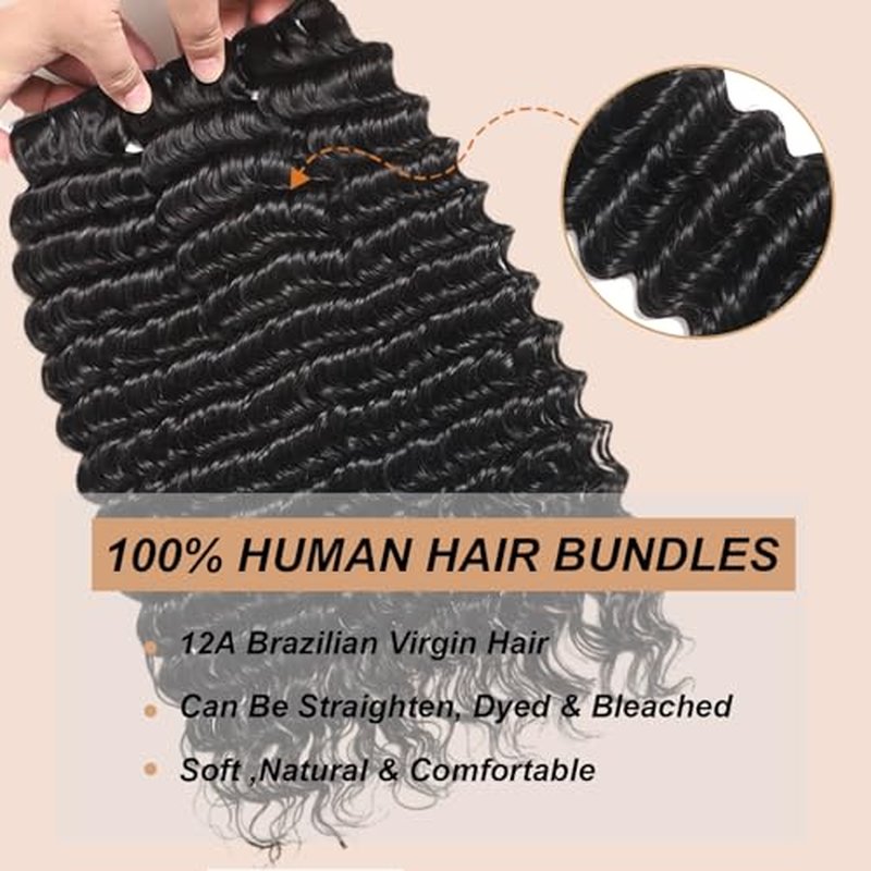 12A Deep Wave Bundles 18 20 22 Inch Deep Wave Human Hair Bundles 100% Unprocessed Brazilian Virgin Wet and Wavy Human Hair 3 Bundles Quick Weave Bundles for Women