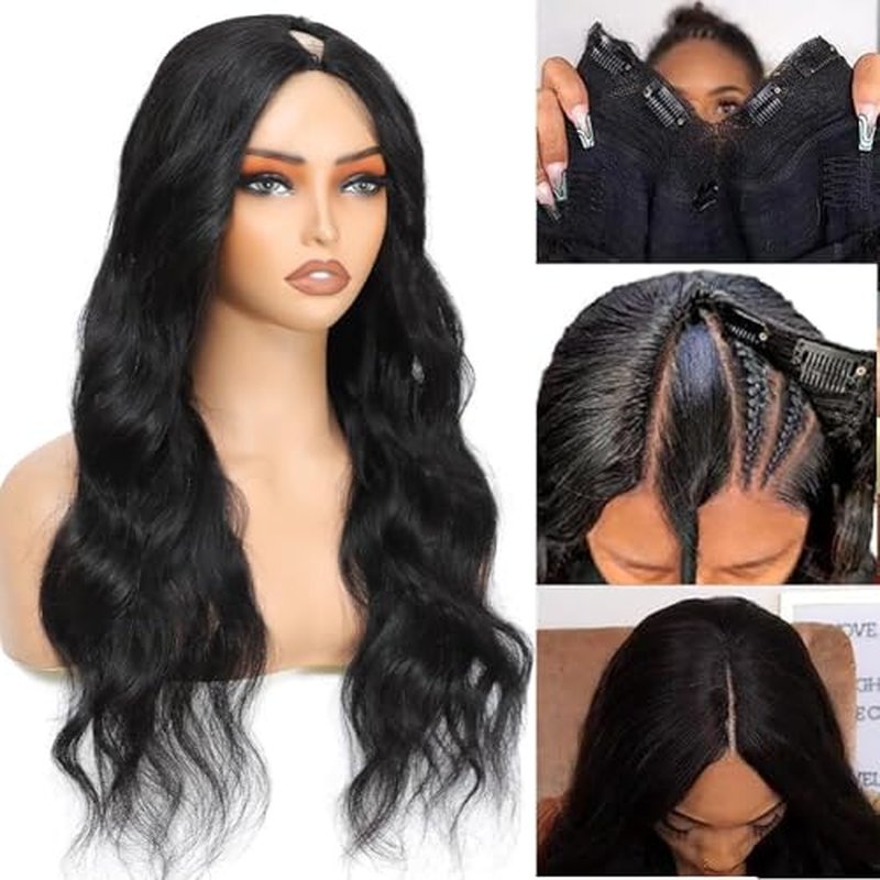 V Part Wig Human Hair Body Wave Upgrade U Part Human Hair Wig With Clips Glueless Wigs Human Hair Beginner Friendly 28 Inch V Shape Clip In Half Wigs for Women No Leave Out 180% Density