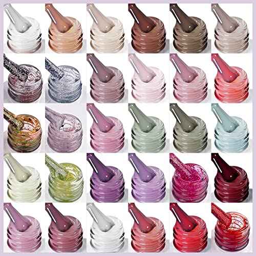 SAVILAND Gel Nail Polish Set: 33pcs Red White Pink Glitter Soak-off Nail Polish with Base & Glossy Matte Top Gel Dark Red Manicure Gifts