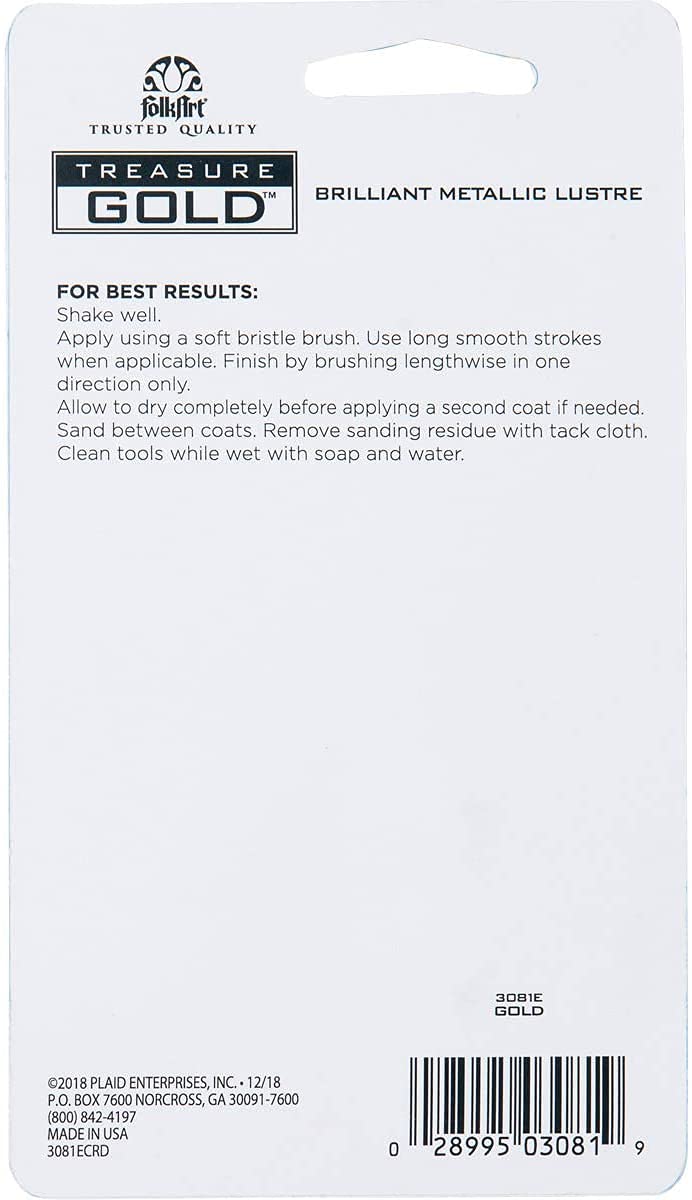 FolkArt Gold Assorted Easy to Apply DIY Crafts, Art Supplies with A Metallic Finish Treasure Paint 2 Fl Oz 59 Ml (Pack of 1)