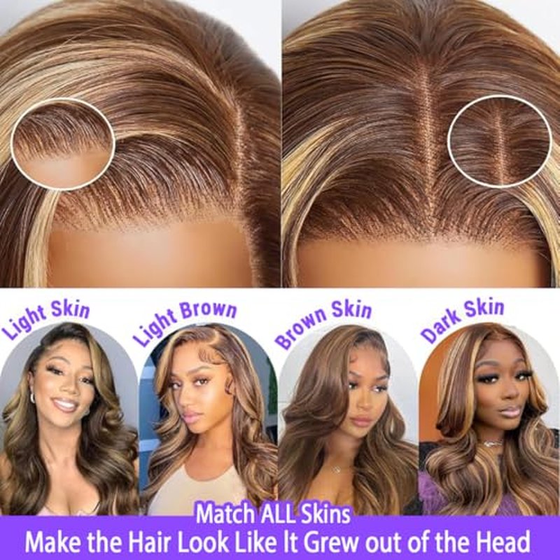 Honey Blonde Ombre Lace Front Wig Human Hair Highlight 13X6 Body Wave Lace Front Wigs Human Hair Pre Plucked 180 Density 4/27 Glueless HD Lace Frontal Wig for Women 24 Inch