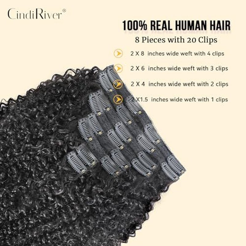 Curly Clip in Hair Extensions,Real Human Hair Afro Kinky Curly Clip in Hair Extensions for Women,Remy Human Curly Clip ins Human Hair 8 Pcs with 20 Clips,22 inch