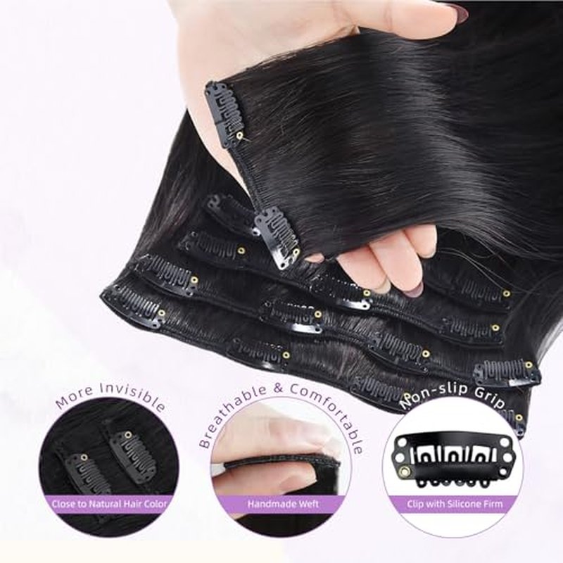 Clip in Hair Extensions Real Human Hair,100% Seamless Remy Human Hair Straight,Clip Extensions for Women, 8pcs Per Set with Double Weft,1B Natural Black,24inch 120g/4.2oz