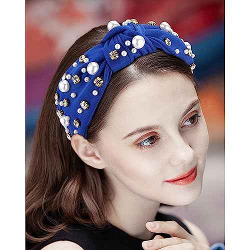 Knotted Headbands with Pearl Rhinestone Royal Blue Womens Headbands Wide Top Knot Headbands Beaded Headband Crystal Jeweled Head Bands for Women's Hair Embellished Headbands Non Slip Sparkly Hair Bands Fashion Hair Accessories for Girls Gifts