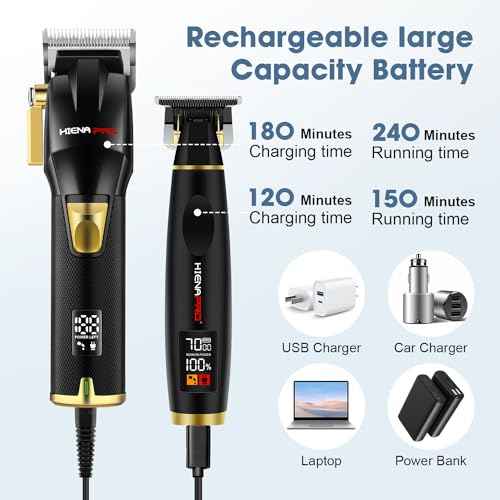 HIENA PRO Professional Hair Clippers Set for Men Cordless Barber Kit Hair Cutting Set Rechargeable Clippers and Trimmers Set Hair Cutting Kit with LED Display, USB Charging, Gifts for Men, (Black)
