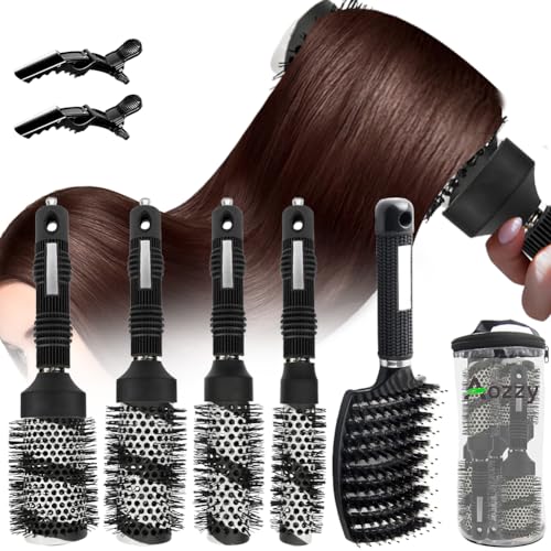 5pcs Round hair Brush Set for Blow Drying Curling, Professional curly hair brushBrush Leaves Hair Shiny Heat Styling Brush 5 Different Sizes Works Very Well with The Blow Dryer