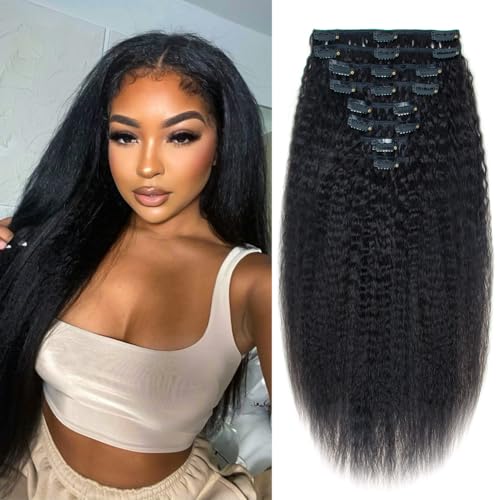 16 Inch Yaki Straight Clip in Hair Extensions Real Human Hair for Black Women 90g/8pcs Double Weft 10A Brazilian Kinky Straight Clip ins 100% Virgin Human Hair Clip in Extensions Natural Black