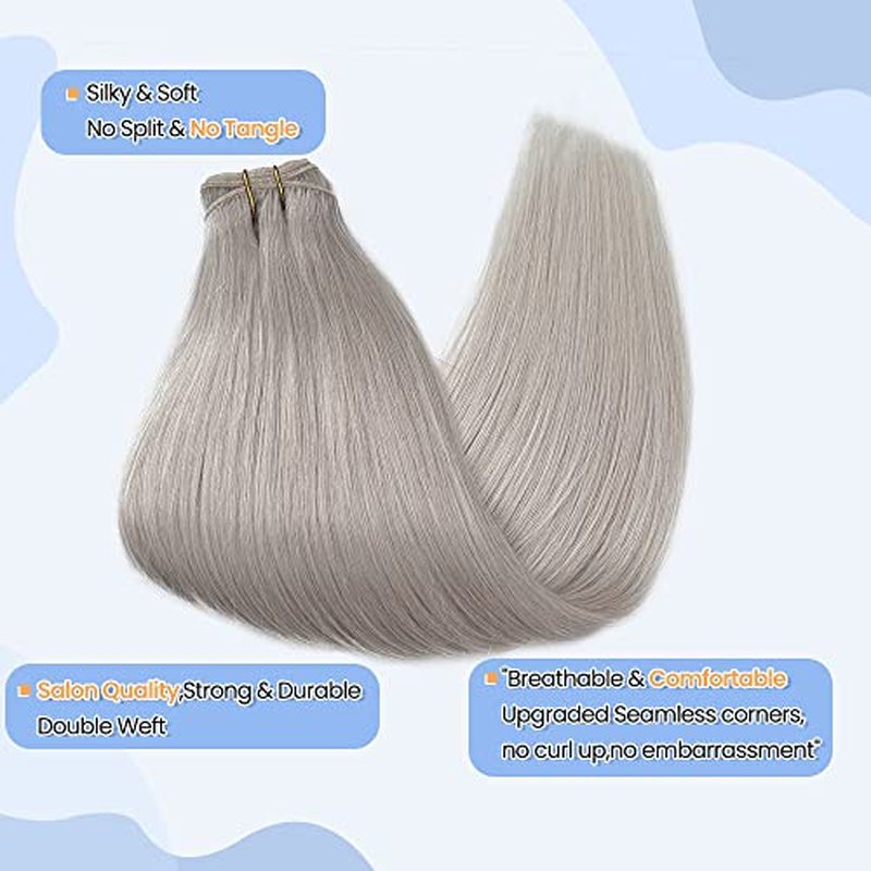 24Inch Silver Grey Human Hair Bundles 120Gram 100% Brazilian Silky Straight Sew in Extensions Double Weft Grey Human Hair Bundles for Women Hand Tied Weft Hair Extensions Silver Sew in Hair Bundles