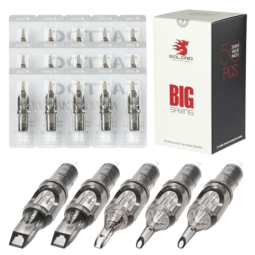 Solong Tattoo Cartridge Needles (50PCS Mixed RL RS M1) 10 Sizes, Tatttoo Needles #12 0.35mm Standard Disposable Tattoo Cartridges with Membrane Assorted Size Round Liner/Round Magnum EN07-50KIT-B