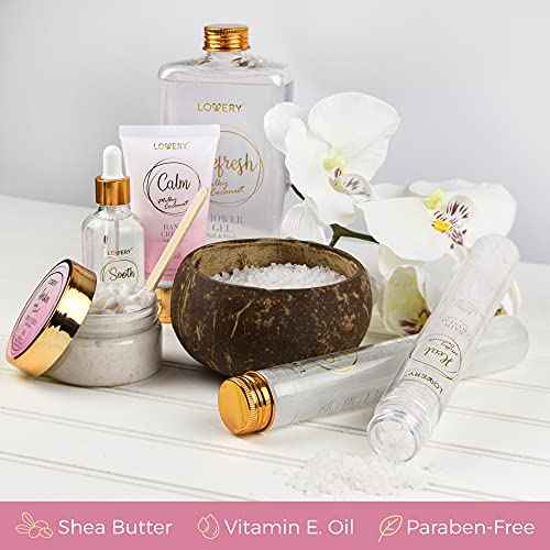 Luxury Bath Gift Set - Home Spa Gift Basket with Milky Coconut Scent, Vitamin E & Shea Butter with Shower Gel, Bath Salt & Crystals, Body Scrub, Hand Cream, Body Oil, Bath Pillow, Wooden Crate & More