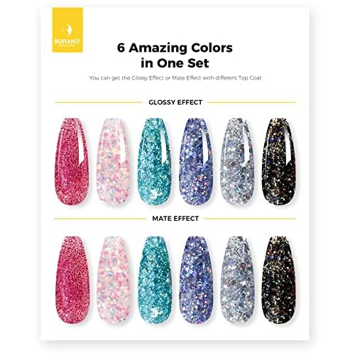 BURANO Poly Extension Gel Nail Kit, 6 Colors Nail Poly Nails Builder Gel Set for Beginner & Professional Using, DIY Starter Kit Nail Art Gift (glitter)