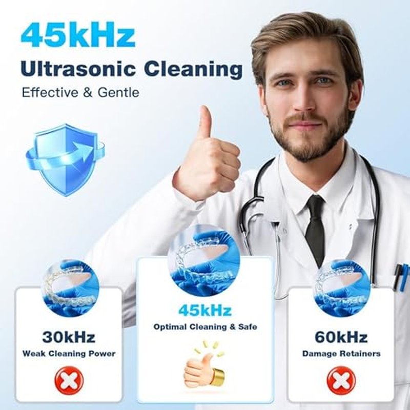 Ultrasonic Retainer Cleaner Machine,45kHz Ultrasonic Cleaner,360¡ÆCleaning for Dentures,Aligner,Mouth Guard,Jewelry,Braces,Toothbrush Heads with 200 ML Dental Cleaning Pod, 3 Modes,Black