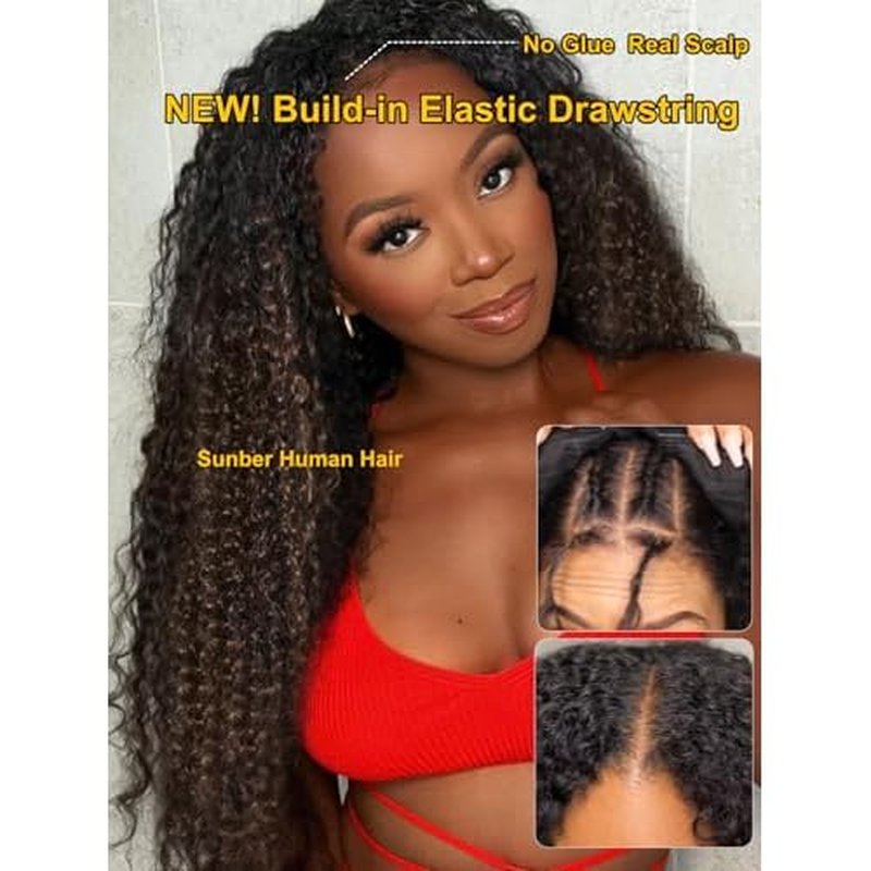 Sunber EasiContour V Part Human Hair Ombre Chestnut Brown Curly Glueless Wig Upgrade Vpart Wigs No Leave Out No Gel 180% Density V Shape Clip Wigs No Sew in Ready to Go Beginner Friendly 16Inch