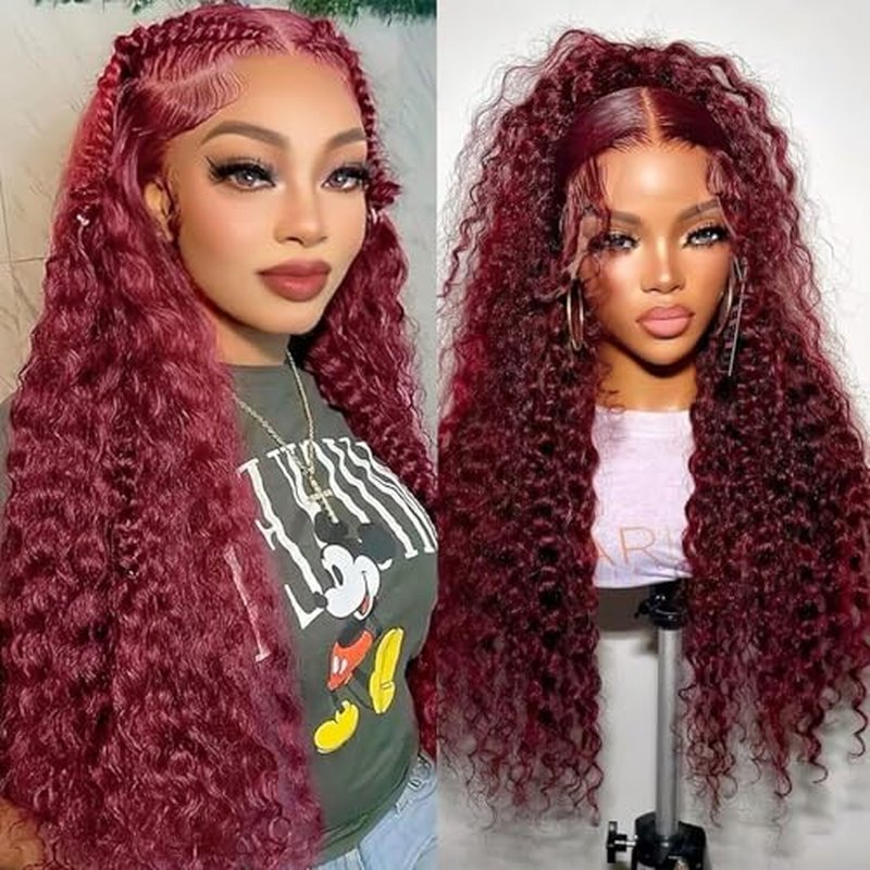 99j Burgundy 13x5 Deep Wave HD Lace Front Wigs Human Hair Pre Plucked Colored Curly Human Hair Wig Glueless Deep Curly Lace Frontal Wigs Red Human Hair Wigs for Women 180% Density £¨22 Inch£©