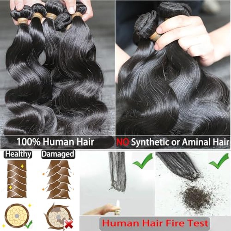 Body Wave Bundles with Closure Human Hair 16-20+2x6 HD Lace Closure 14Inch Brazilian 100% Human Hair Quick Weave Wavy Curly for Women Natural Black