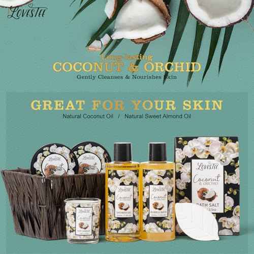 Mothers Day Gifts, Spa Baskets For Women, Bath And Body, Coconut & Orchid Bath & Body Set, Includes Shower Gel, Hand Cream, Body Lotion, Candle And More, Gifts For Women, Gift For Mom