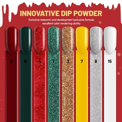 Aokitec Dip Powder Set, Advent Calendar 2025, 8 Christmas Colours for Nails, Red Glitter Green Dipping Set