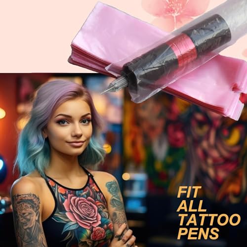 Large Machine Pen Covers with Grip Tape - Yuelong 200Pcs Pink Tattoo Pen Bags and 4Pcs Grip Wrap Kit Combination Machine Sleeves Bags Self-Adhesive Grip Covers Tattoo Supplies for Artist