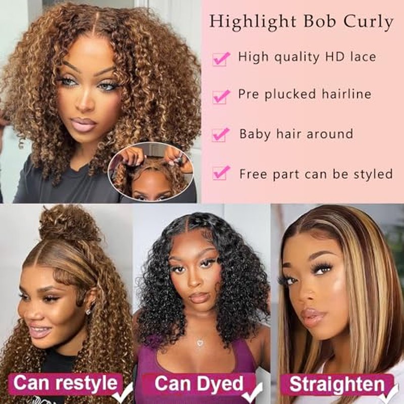 Highlight Ombre 13x6 Bob Wig Human Hair Deep Curly Frontal Lace Wig Human Hair HD Transparent Lace Front Wigs Pre Plucked Lace Frontal Wigs 16 Inch