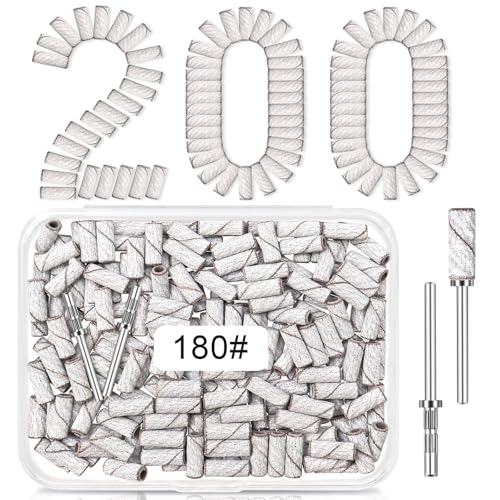 180 Grit Mini Sanding Bands for Nail Drill, 200 Pcs Small Sanding Bands for Nail with 2 Pcs Mandrel Bits, 3.1 MM Nail Sanding Bands for Acrylic Nails Gel Removing Shaping, Manicures and Pedicure