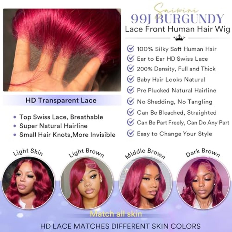 28 Inch 99j Burgundy Lace Front Wigs Human Hair 13x4 HD Red Burgundy Wig Human Hair 200 Density Wine Red Body Wave Lace Front Wigs Pre Plucked Glueless Frontal Wigs for Women