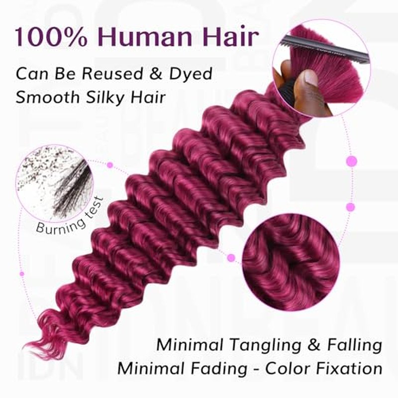 IDN BEAUTY Pre Divided Human Braiding for Boho Braids Hair Extensions, 24 Inch 100g 99J Burgundy Deep Wave Human Hair for Braiding Bohemian No Weft 12A Virgin Brazilian Wet and Wavy