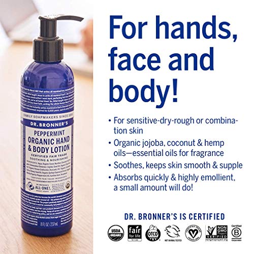 Dr. Bronner's - Organic Lotion (8 oz Variety Pack) Peppermint, Lavender Coconut, Orange Lavender, & Patchouli Lime - Body Lotion & Moisturizer, Organic, Soothing for Hands, Face & Body | 4 Count