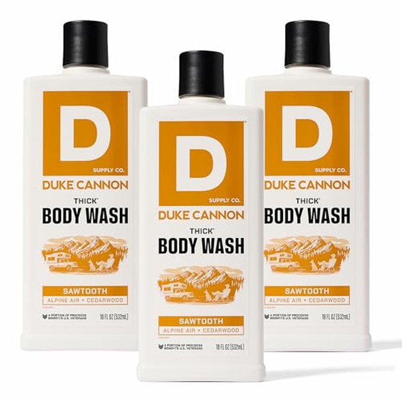 Duke Cannon THICK Body Wash for Men ? Sawtooth Alpine Air & Cedarwood Scent, 3X Thicker Formula, Mineral-Enriched Exfoliation, Sulfate & Paraben Free, 18 oz (Pack of 3)