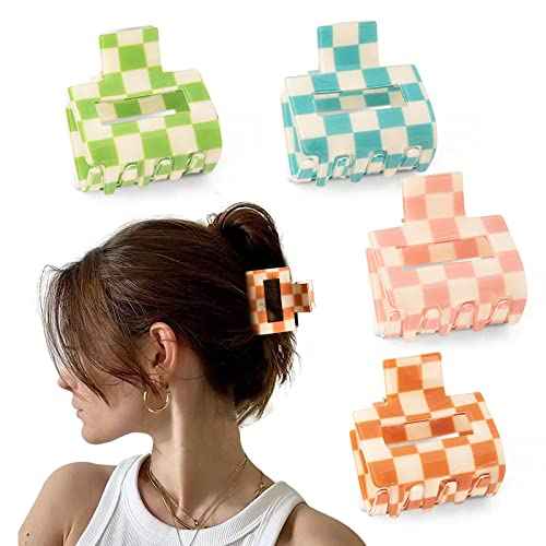 4 PCS Checkered Hair Clips (1.9 x 1.9 x 1.4 inches) for Thin or Thick Hair - Y2K Colors - Nonslip Hair Claw Clips for Women - Hair Clips Gift Set for Adult Women