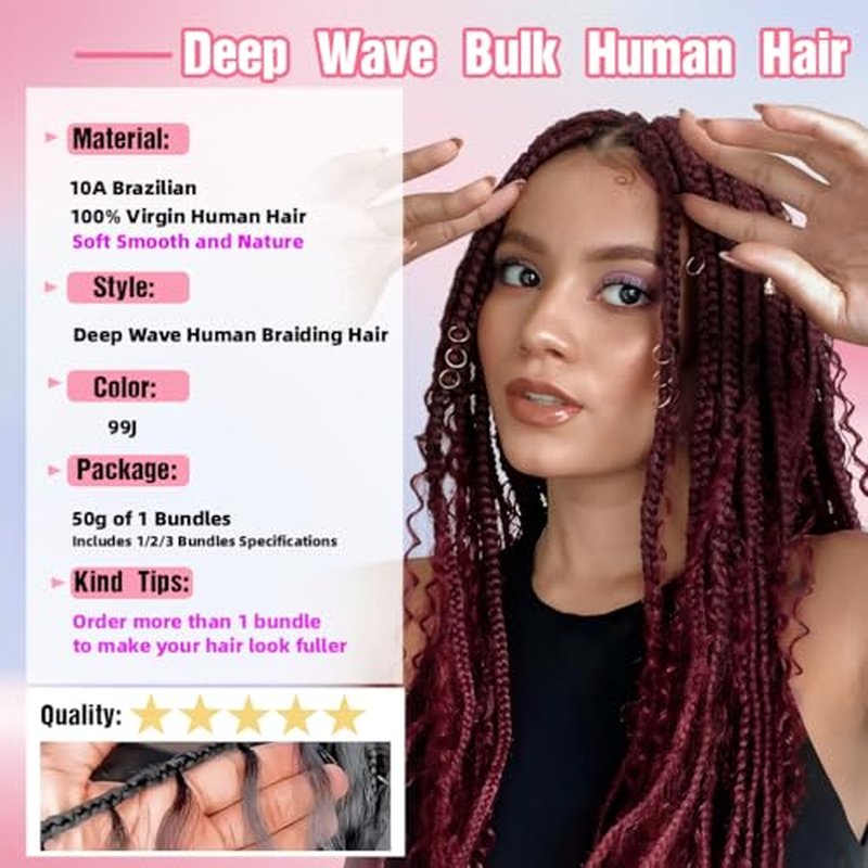 Human Braiding Hair, 3 Bundle 150g 18 Inch Boho Braids Human Hair 10A Deep Wave Bulk Brazilian Virgin No Weft Wavy Hair Extension for Boho Knotless Bohemian Micro Braid Bulk for Braiding 99J
