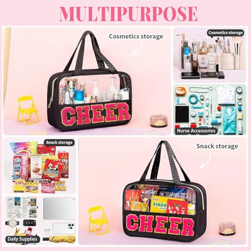Chenille Pink Letter Cheer Bag Cheerleader Gifts for Team Women Girls Cheer Stuff Accessories Makeup Bag with Handle and Zipper, Cheer Gifts