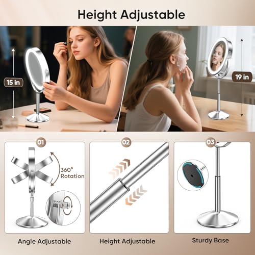 Large 9¡± Lighted Makeup Mirror ? Height Adjustable & Rechargeable, Double-Sided 1x/10x Magnifying Vanity Mirror with 88 High-CRI LEDs, 3 Color Modes, Dimmable Brightness, 360¡Æ Swivel, Dual-Power