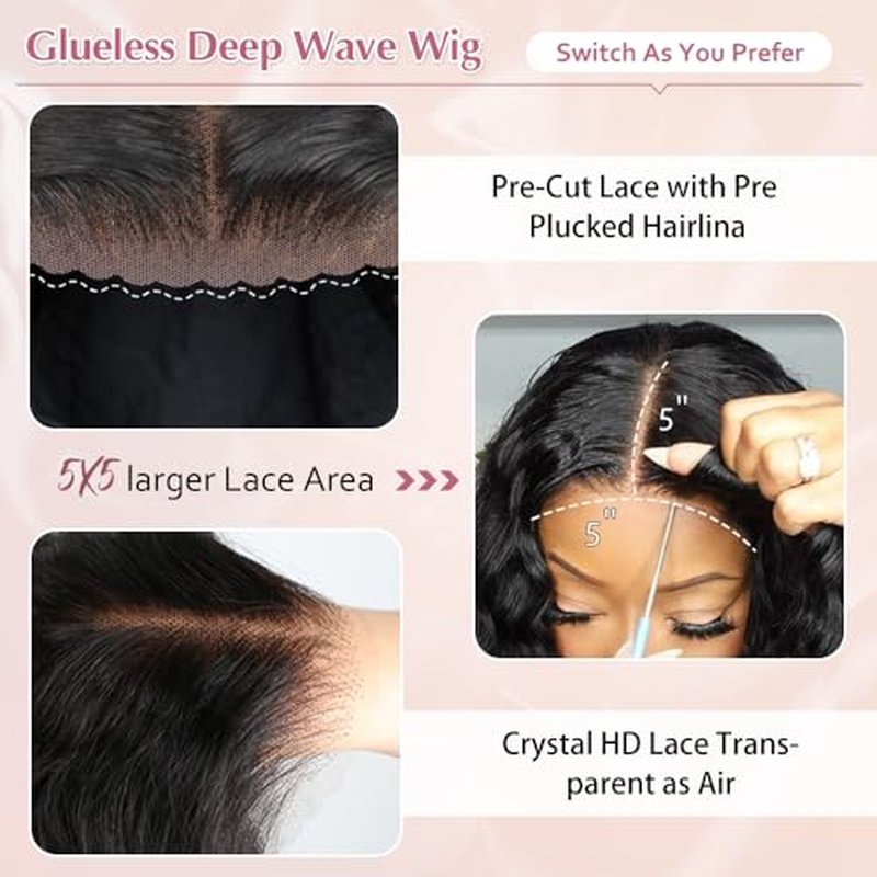 Glueless Wigs Human Hair Pre Plucked Pre Cut 5X5 Deep Wave Lace Front Wigs Human Hair for Women 22 Inch Hd Lace Frontal Natural Hairline Wear and Go 180% Density
