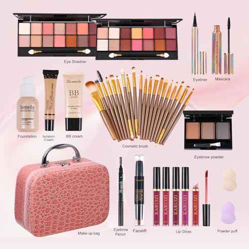makeup sets for women,Professional Makeup Kit with Eyeshadow Palette,Brushes Set, Foundation, Lip Gloss, Travel Bag, Complete Beauty Set (Pink bag)