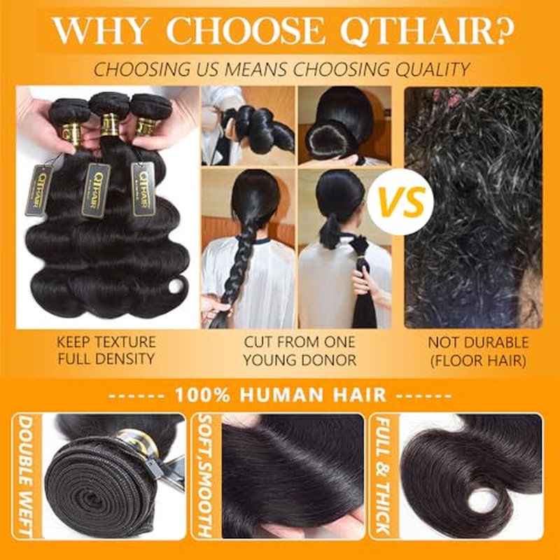 QTHAIR Brazilian Virgin Hair 16A Grade Body Wave Bundles 100% Unprocessed Virgin Brazilian Body Wavy Human Hair Bundles 20" 18" 16" 300g Brazilian Body Wave Human Hair Extensions