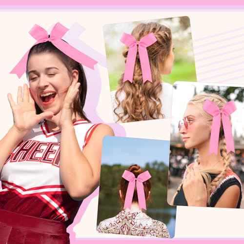 20 Pieces 9.06 inches Collegiate Cheerleader Hair Bows for Women, College Style Long Tail Skinny Cheer Bow Elastic Band Hair Bow Ties for Teen College Sports Cheeleader Sports(Pink)