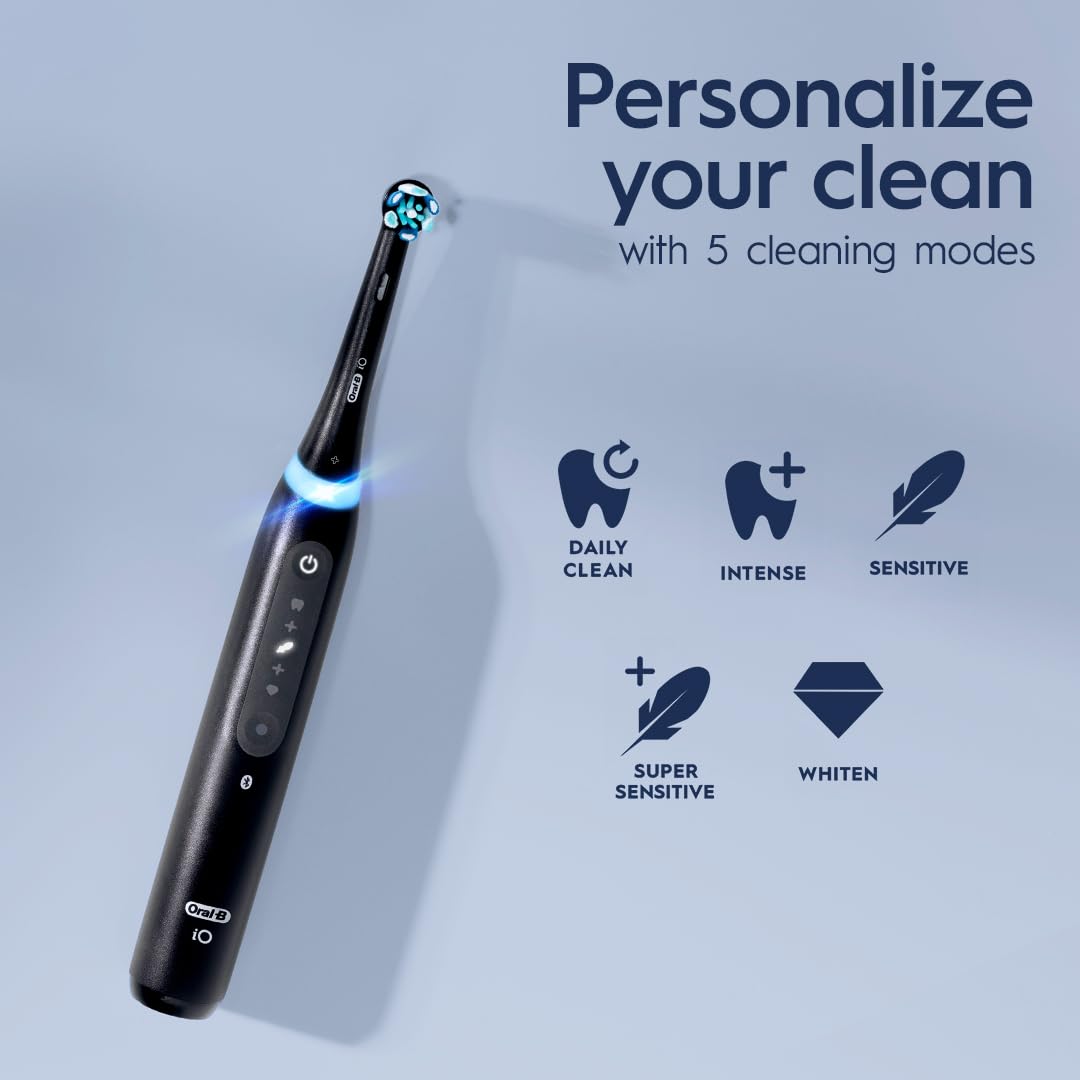 Oral-B Rechargeable Electric Toothbrush, iO5 Limited Deep Clean & Whiten, 5 Cleaning Modes, Visual Pressure Sensor to Protect Gums, Travel Case, 3 Brush Heads, White