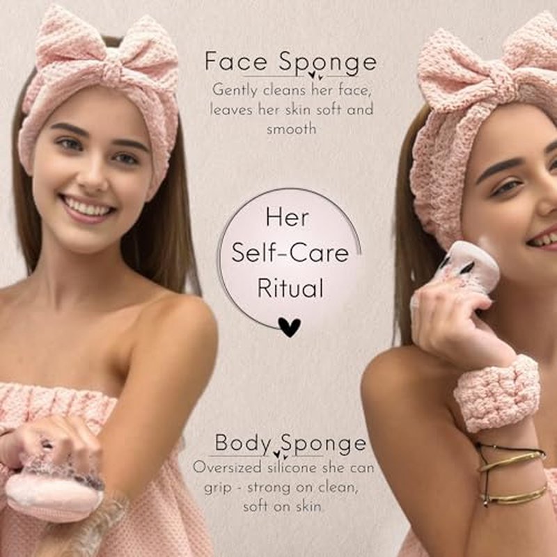 Happy Lolli Power Shower Gift Set ? College Essential Bath Accessories for Women and Teen Girls ? Includes Body Towel, Hair Towel, Wrist Bands, Headband, Face Sponge and More (Fresh in Pink)