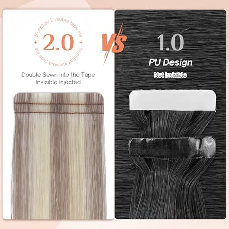 Benehair Tape in Human Hair Extensions, 22 inch Straight Invisible Tape Extensions Remy Blonde Hair Extensions 10pcs 20g Ash Brown Mix Bleach Blonde 18p613