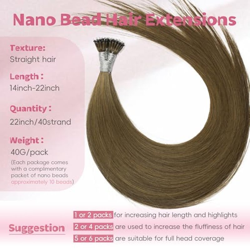 Nano Hair Extensions Human Hair 7#-ChocolaNanoe Brow 22inch 40G/40S/Pack Nano Bead Hair Extensions Human Hair Nano Ring Hair Long Straight For Women