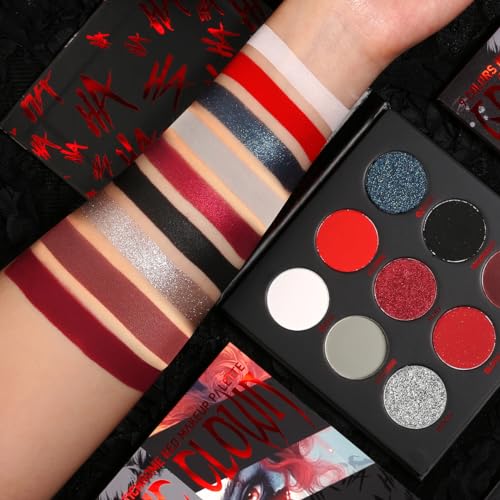 Afflano Black Red Eyeshadow Palette Goth Clown Halloween Makeup, White Silver Glitter Metallic Burgundy Black Eyeshadow Palette Highly Pigmented, Joker Vampire Christmas True Red Smoky Eye Makeup