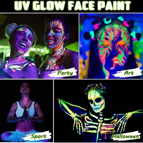 CCbeauty 8 Colors Neon Liquid Face Paint Makeup, Sweatproof, Smudgeproof, Waterproof UV Eye Liner Set, Glow Face Painting Kit for Adults Artist Halloween Christmas Birthday Party