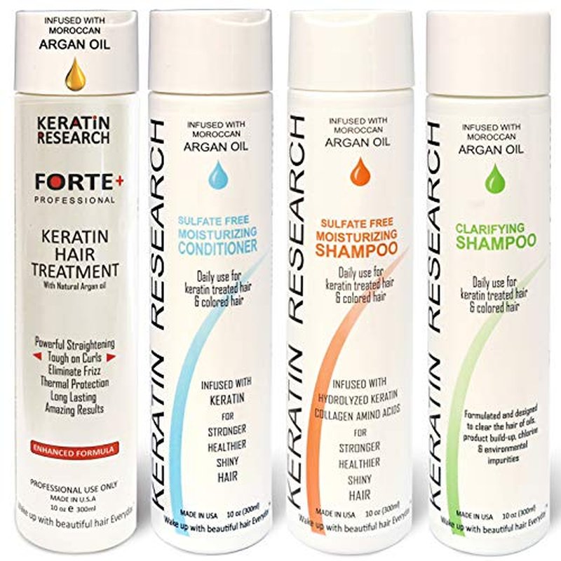 Keratin Research Forte Complex Brazilian Keratin Blowout Straightening Smoothing Hair Treatment with Moroccan Argan oil 4 Bottles 300ml Kit Sulfate Free Queratina Keratina Brasilera Tratamiento Forte