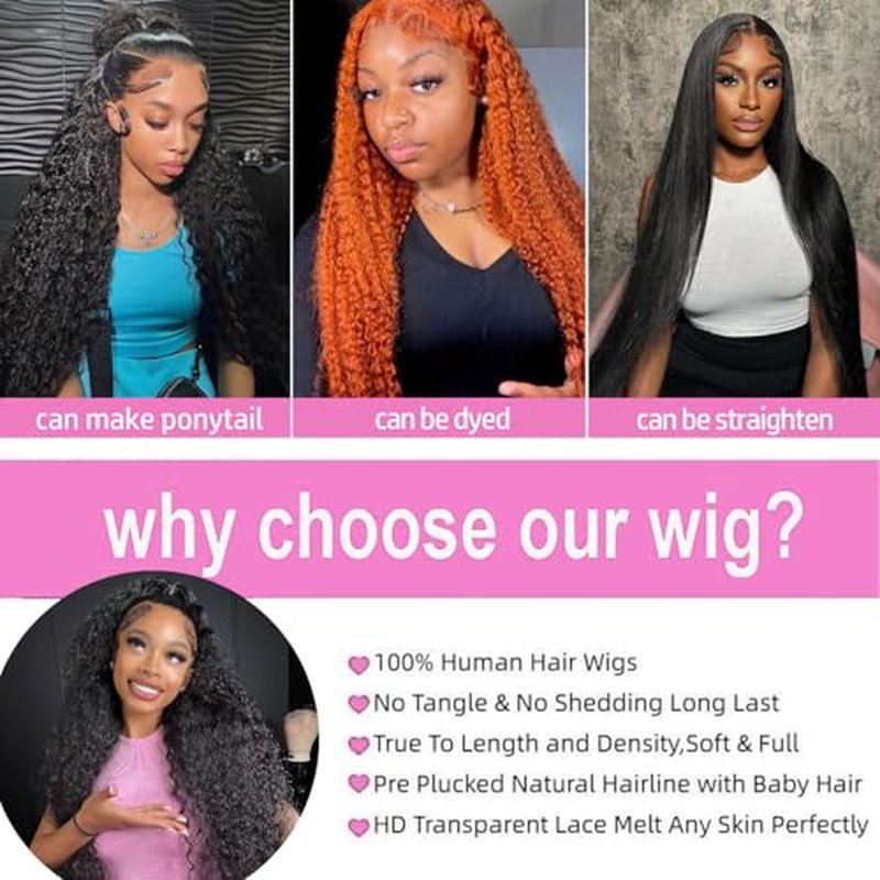 Deep Wave Lace Front Wigs Human Hair 200 Density 13x6 HD Transparent Lace Front Wigs for Women Pre Plucked Deep Curly Lace Frontal Wig Human Hair Glueless Wigs Natural Black 28 Inch