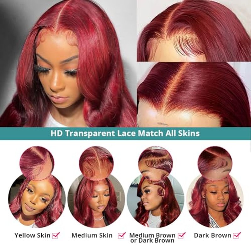Allove Burgundy Lace Front Wigs Human Hair Pre Plucked 180% Density 22inch Body Wave Lace Front Wigs with Baby Hair 13x4 Glueless HD Transparent Frontal Wigs For Women