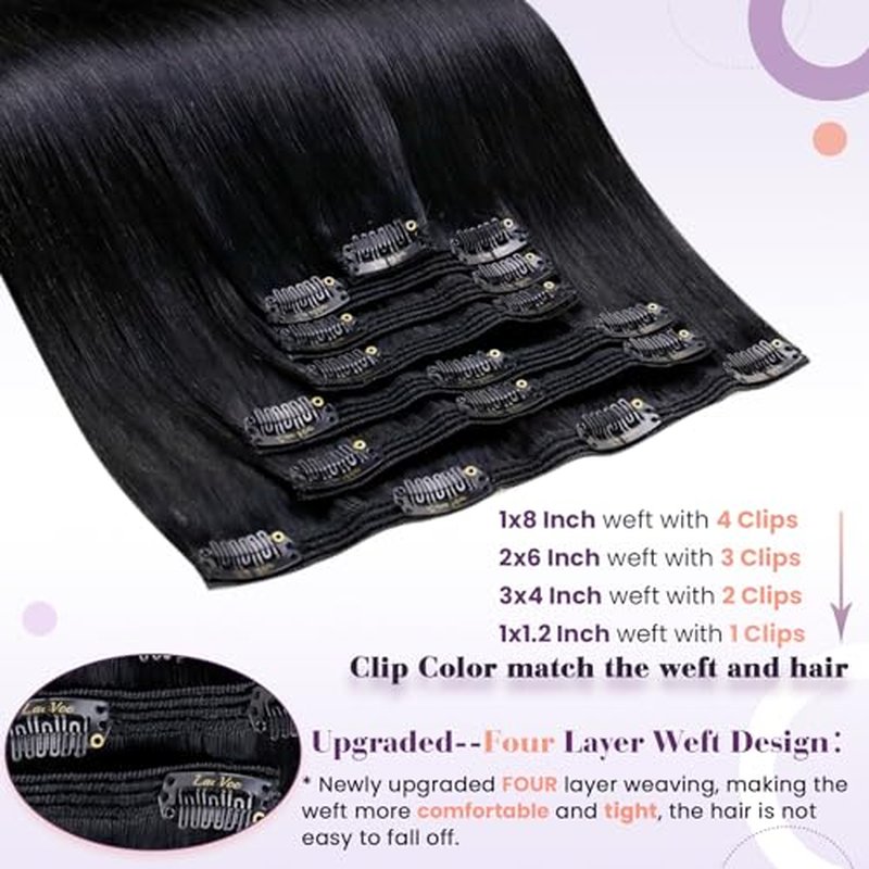 LaaVoo Hair Extensions Clip in Human Hair Black Real Human Hair Clip in Extensions 150g Jet Black 20 Inch 7pcs
